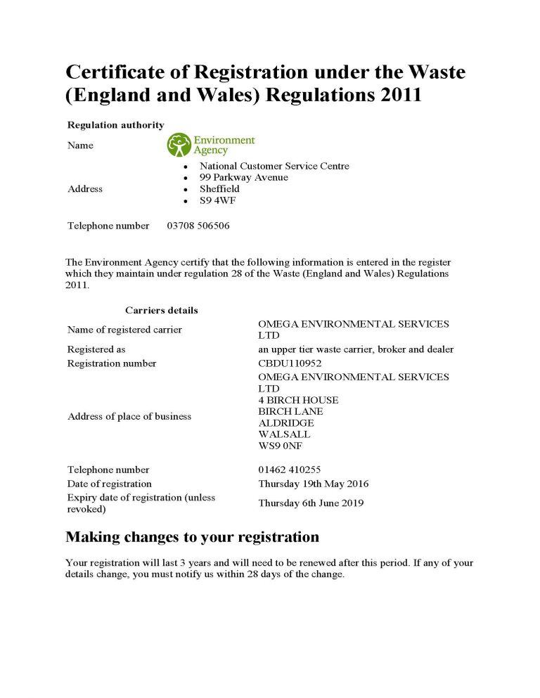 Omega Environmental Services Waste Carriers Licence